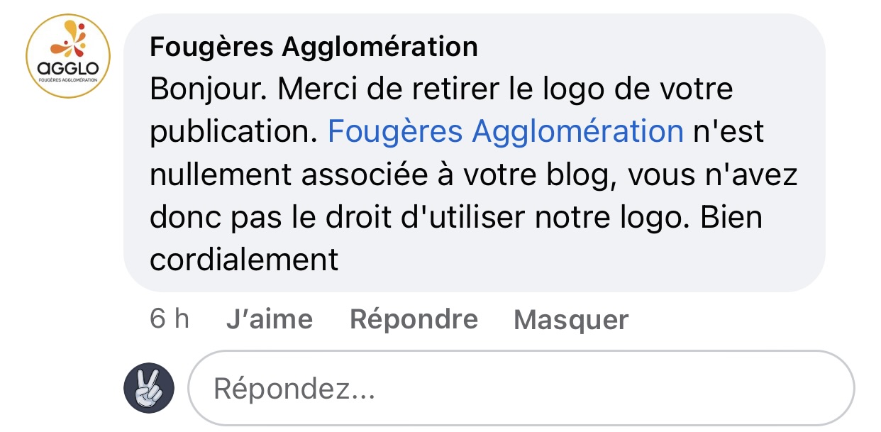 Commentaire de la page Facebook de Fougères Agglomération demandant le retrait du logo de l'agglomération de l'image d'illustration de l'article.