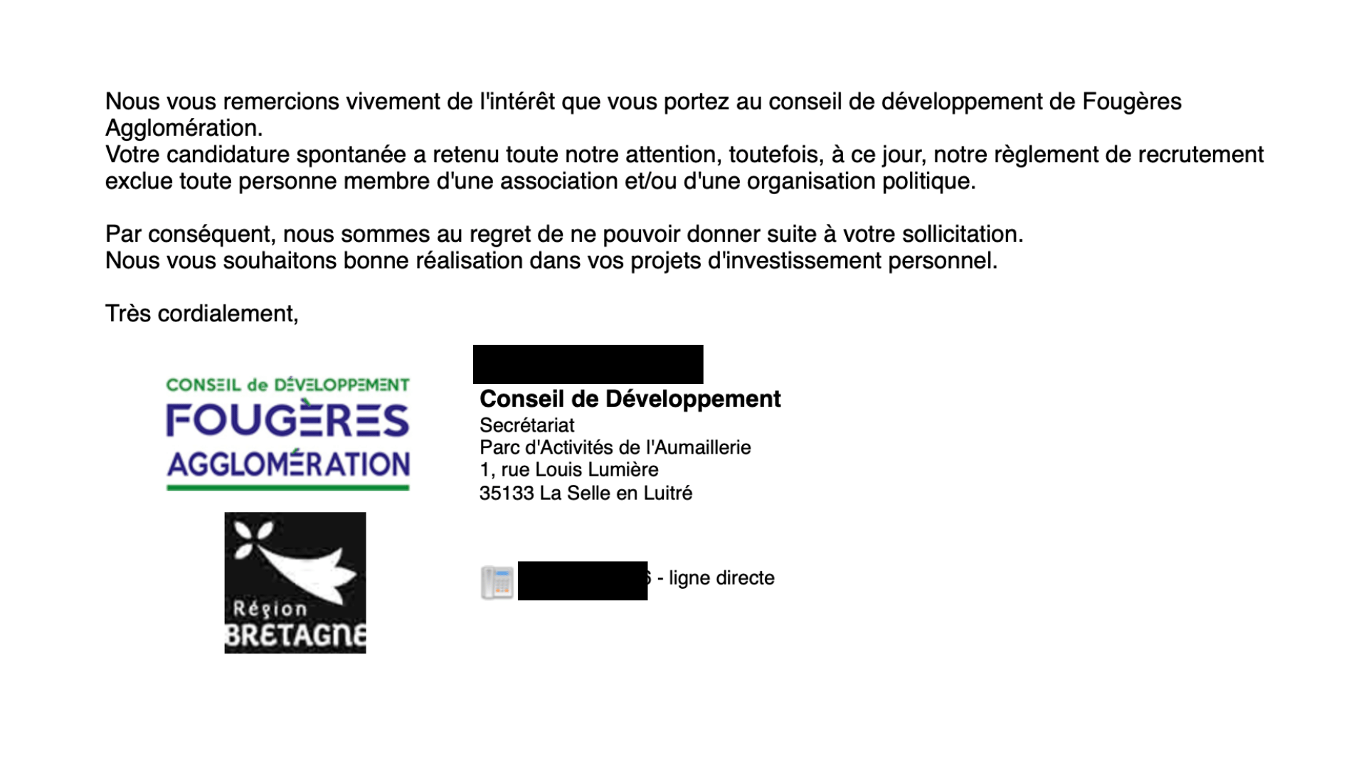 réponse de Fougères Agglomération à une candidature au conseil de développement de l'agglomération.
